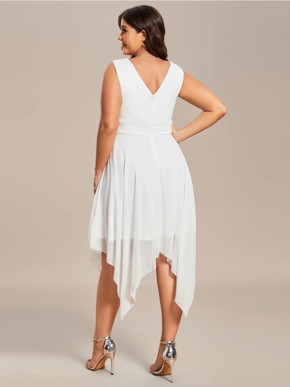 Ever Pretty White V‑Neck Handkerchief Hem Midi Dress